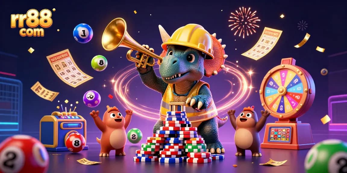 Win big at rr88 com with a vibrant celebration scene featuring dynamic casino elements and cheerful characters.