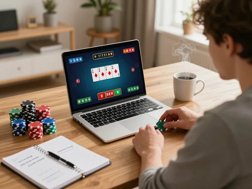 Play poker online with Hubet on laptop at cozy home workspace, showcasing strategic play.