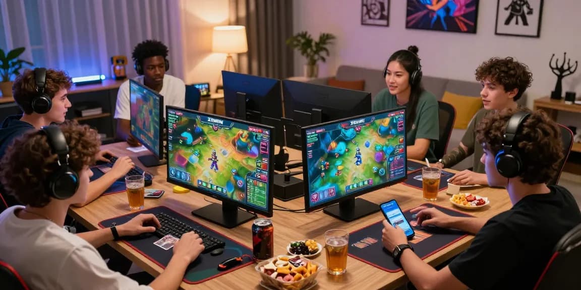 Engaging group enjoying ZOWIN online card games, colorful displays, and a cozy gaming atmosphere.