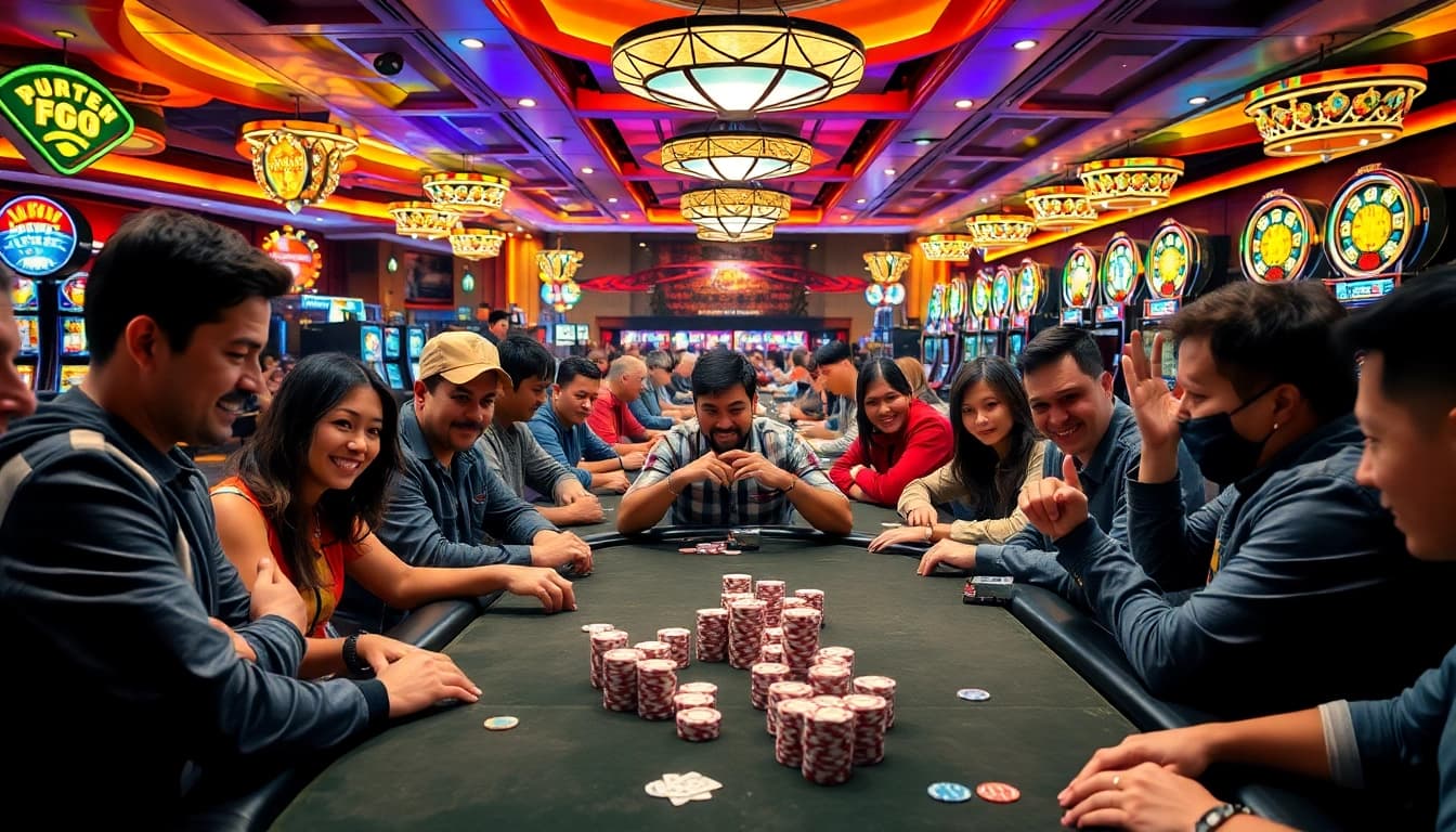 Menangkan permainan poker88 dengan chip berwarna-warni di kasino yang ramai.
