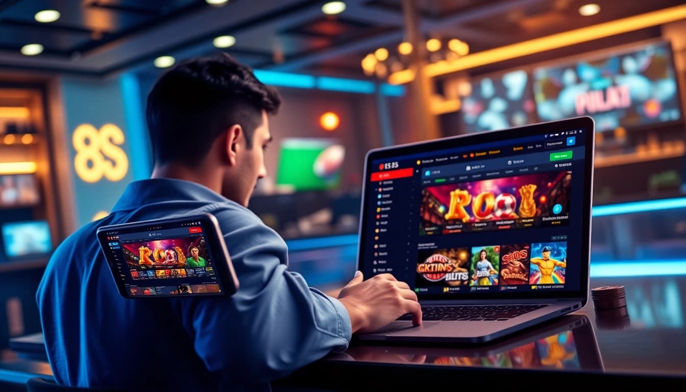 8s online gambling scene with exciting betting interface on multiple devices showcasing casino and sports games.