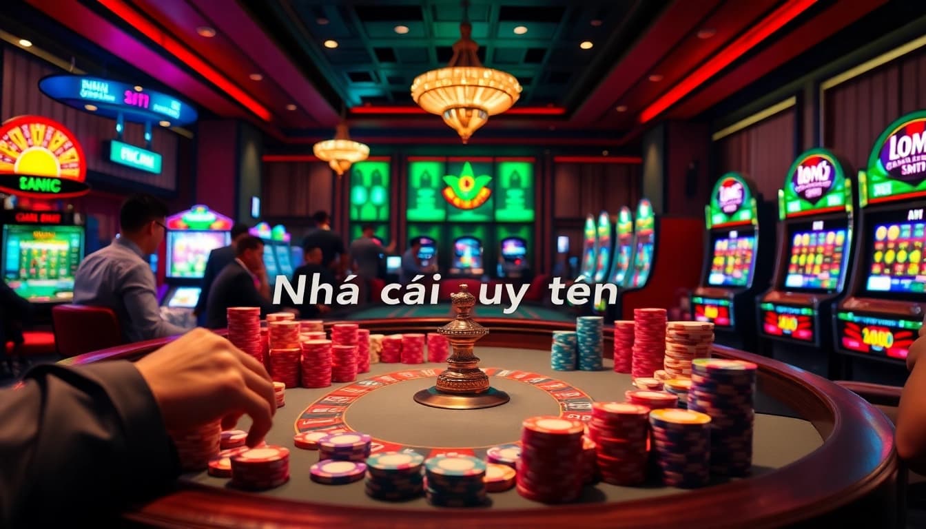Experience the excitement of Nhà cái uy tín at a vibrant poker scene with colorful chips and casino tables.