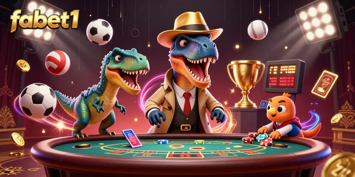 fabet1 showcases a vibrant scene of a velociraptor card counter and friends at a casino table.