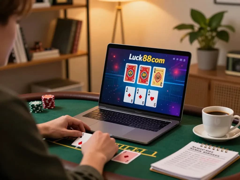 Engaging in live dealer blackjack on luck88com with a cozy home setup and strategy notes.