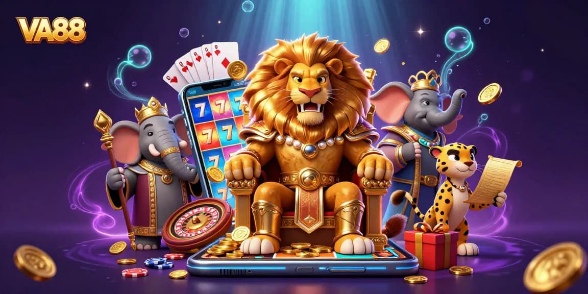 Spin and win big with VA88's vibrant casino illustration featuring towering characters and exciting games.