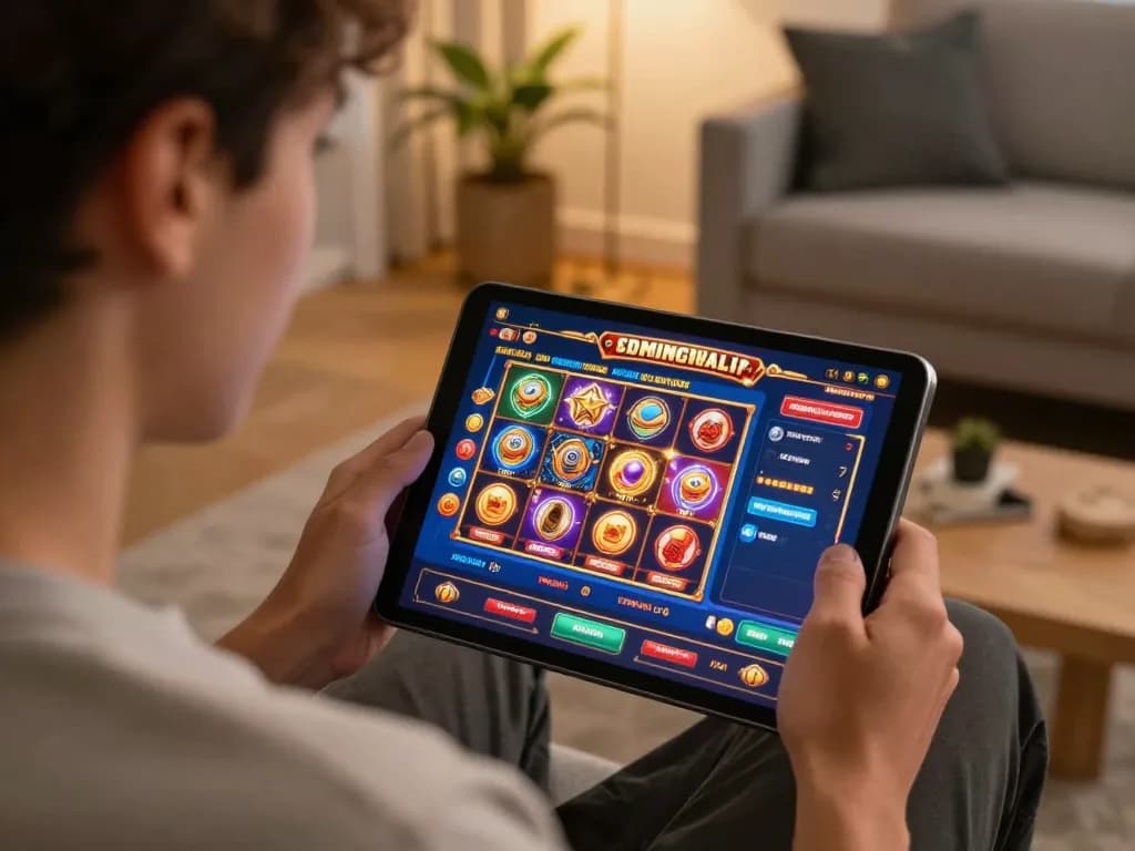 Playing games on LGOGOAL online platform, showcasing lively casino graphics on a tablet in a cozy home setting.