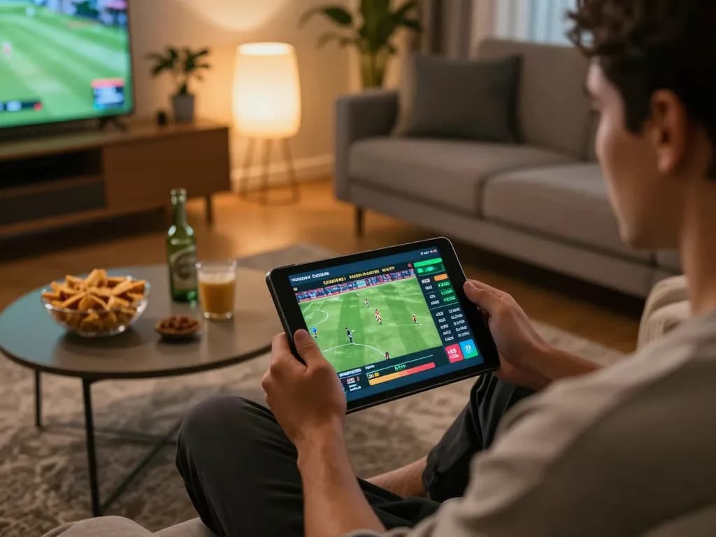 Xoilactv39 user engaging in sports betting with options displayed on tablet in cozy living room