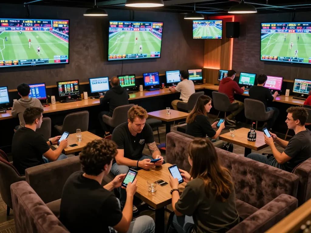 MMOO players enthusiastically placing bets on live sports events in a vibrant betting lounge.