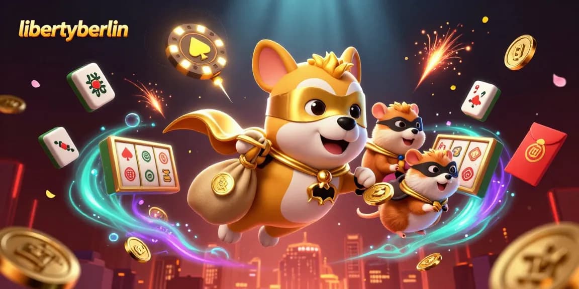 Libertyberlin showcases a superhero dog in a golden cape, symbolizing thrilling online gambling adventures.