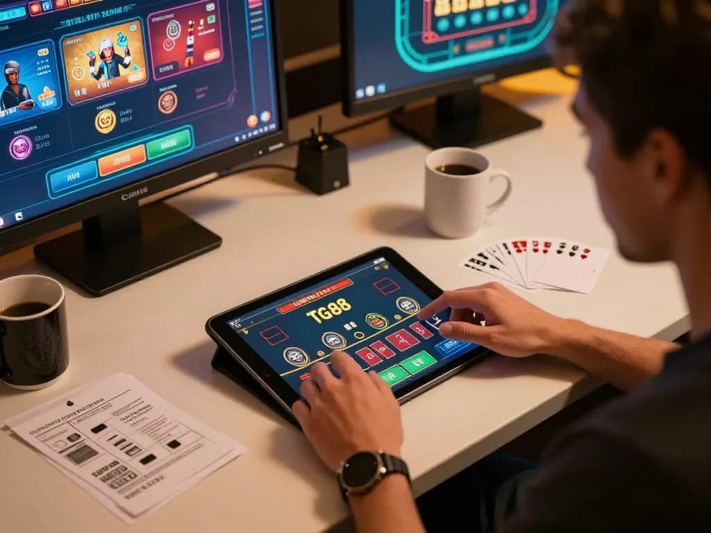 Engaging gameplay on TG88 with a player strategizing blackjack on tablet at home.