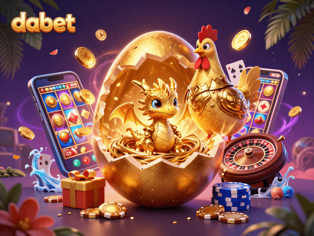 Dabet reveals a dazzling baby dragon in gold amidst a vibrant casino scene, showcasing thrilling gaming excitement.