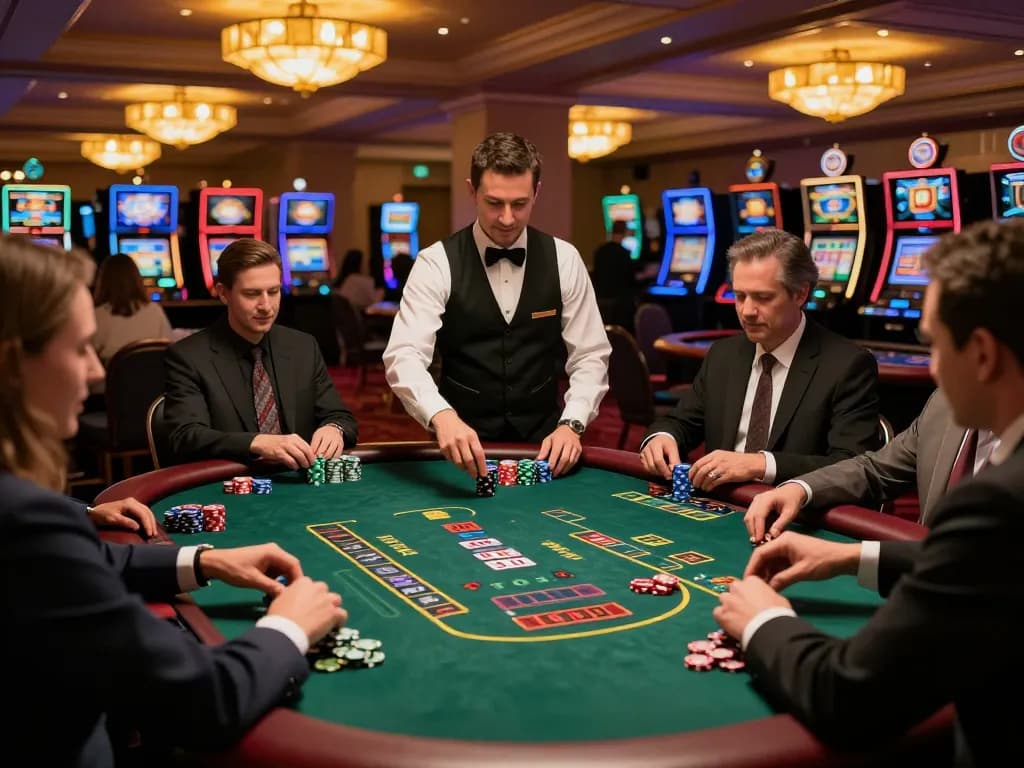 Players strategizing at blackjack tables on 7-hd, illuminated casino ambiance creates excitement