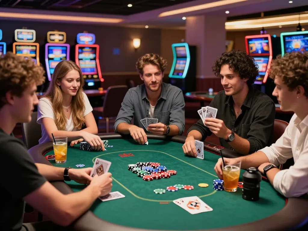 Exciting gambling scene featuring friends playing sultan88 poker in a lively casino atmosphere.
