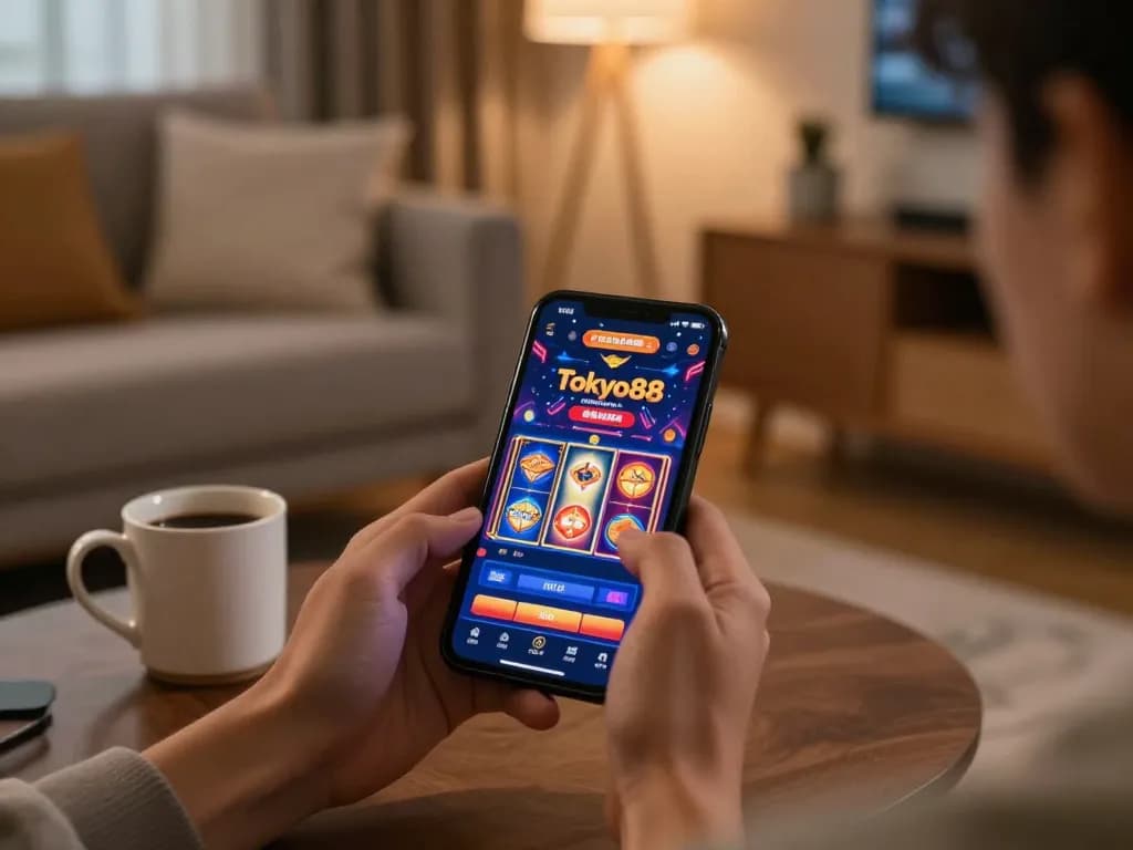 Pemain terlibat dengan permainan kasino mobile tokyo88, menampilkan animasi slot yang cerah di lingkungan rumah yang nyaman