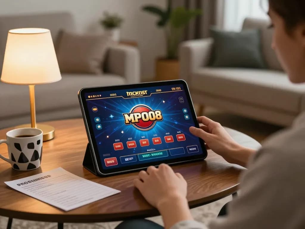 MPO08 user enjoying interactive online gaming session on a tablet in a cozy setting.