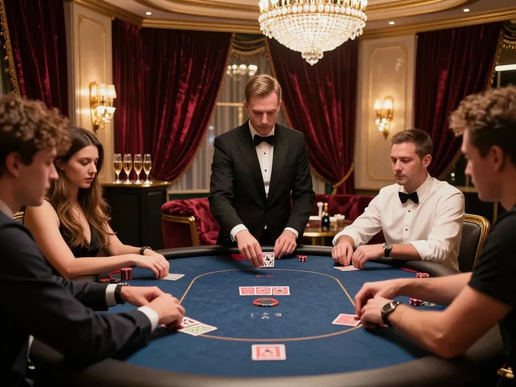 VIP gaming excitement with players at W4U poker table in luxurious setting.