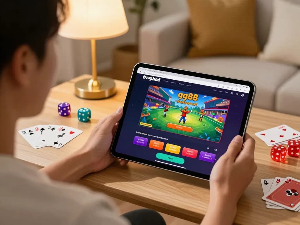 Incorporating the trang chủ gg88 experience, a person engages in online gaming using a tablet in a stylish home setting, emphasizing vibrant gambling elements.