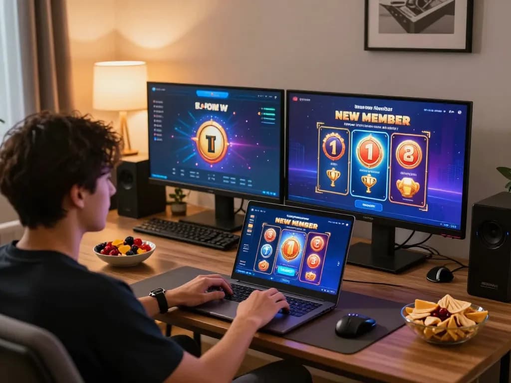 Engaging with bonus new member promotions on an online slot machine in a cozy living room.