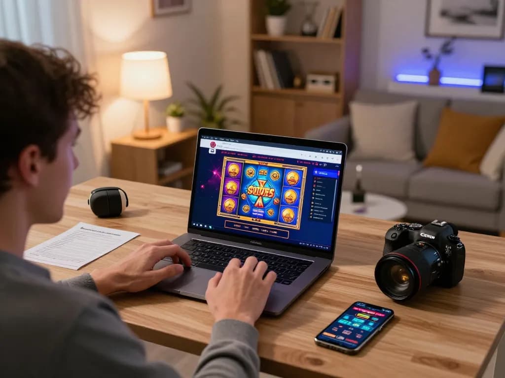 Engaging online gaming scene with a player immersed in LGOSUPER casino games, showcasing home comfort and excitement.