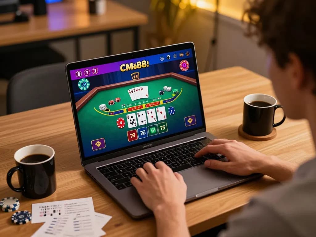 Player engaged in dynamic gameplay at CM88 online casino, showcasing blackjack action and strategic notes in cozy atmosphere.