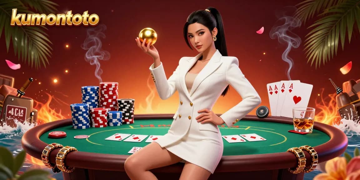 Kumontoto enhances excitement with a stunning Asian model showcasing roulette in a vibrant casino setting.