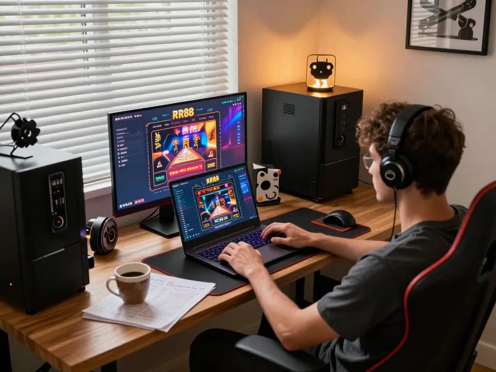 Player enjoying online gambling on RR88 platform in a cozy home setting with warm lighting