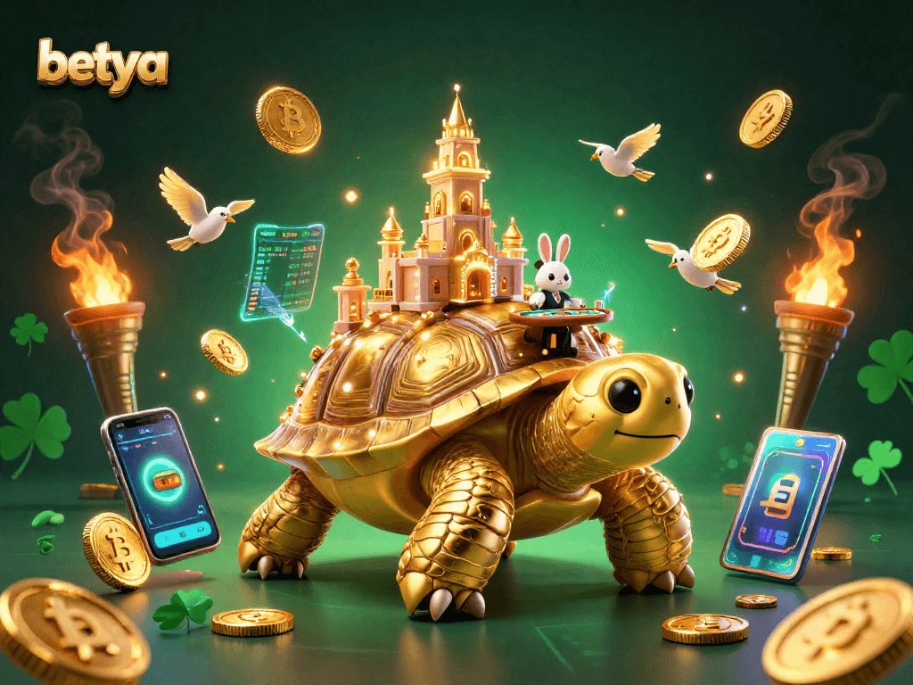 Experience thrilling wins with betya's vibrant 3D casino scene featuring a golden tortoise and crypto elements.