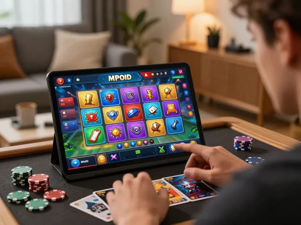 MPOID player engaging with interactive slots on mobile app in cozy home environment.