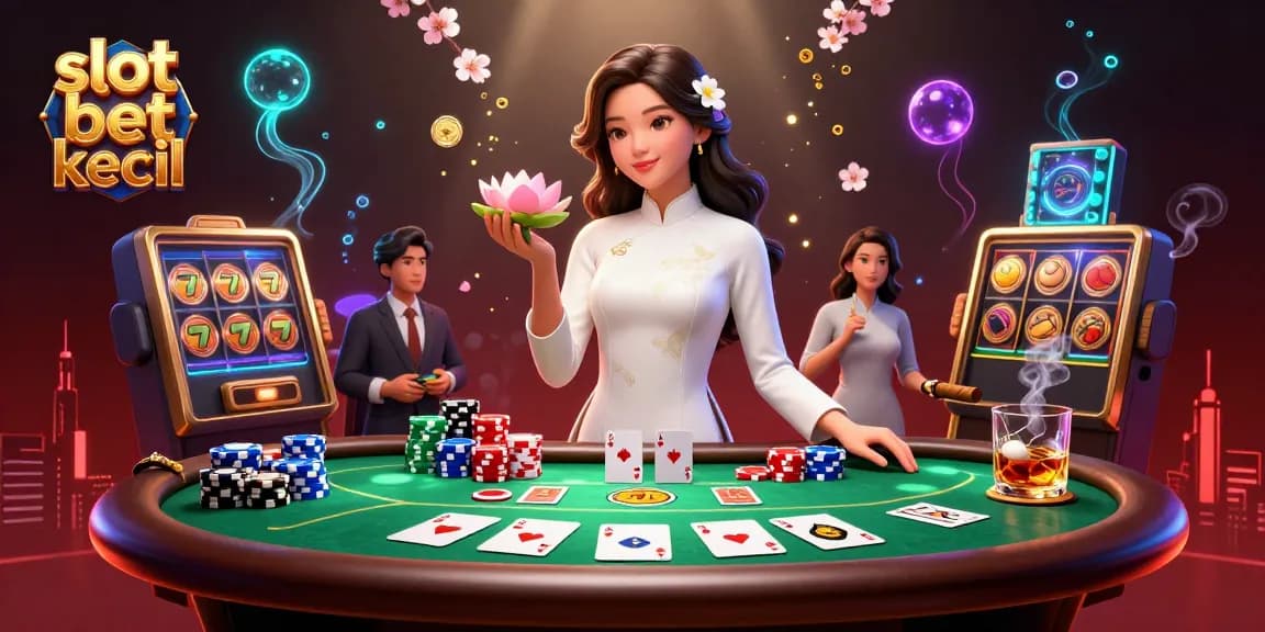 Engage with slot bet kecil, featuring an elegant Asian woman amidst vibrant casino elements and jackpots.