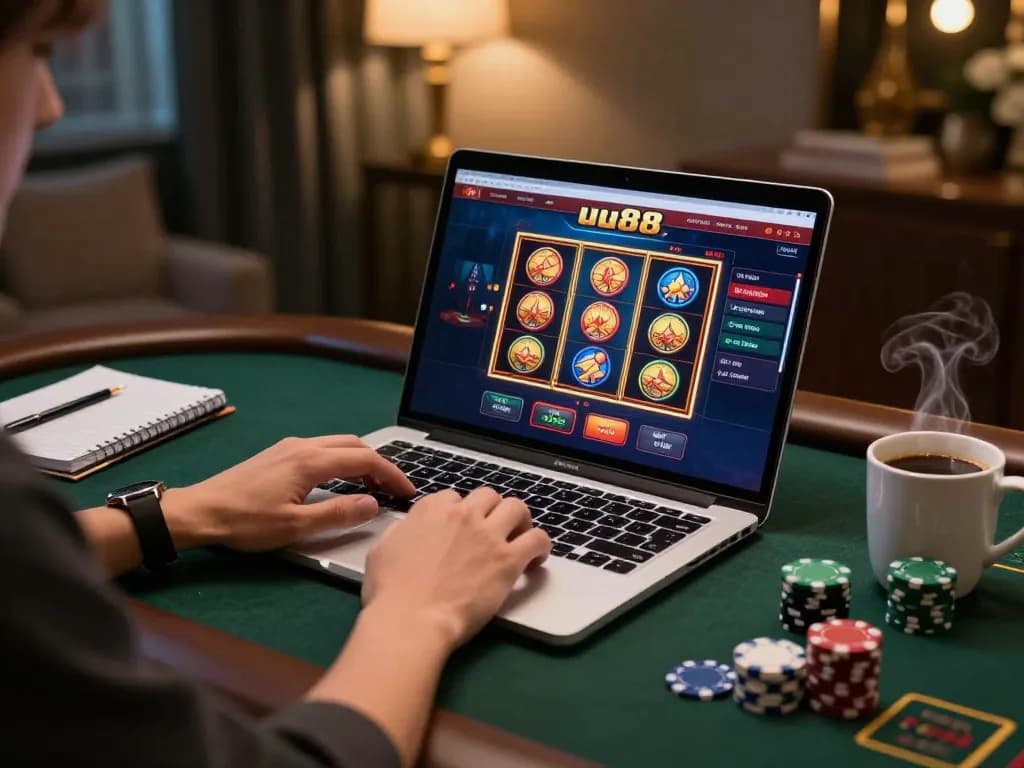 Player engaging with uu88 online casino interface on laptop in a cozy gaming environment.