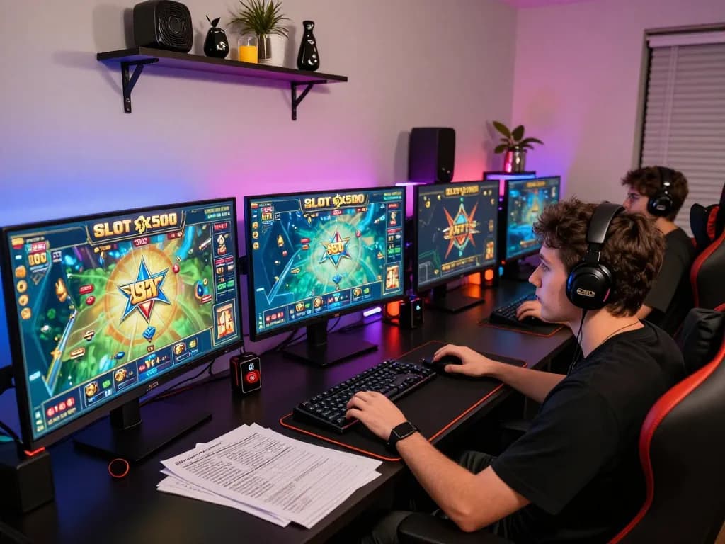 Engage with Slot x500 gaming interface in a cozy online setup showcasing intense gameplay.