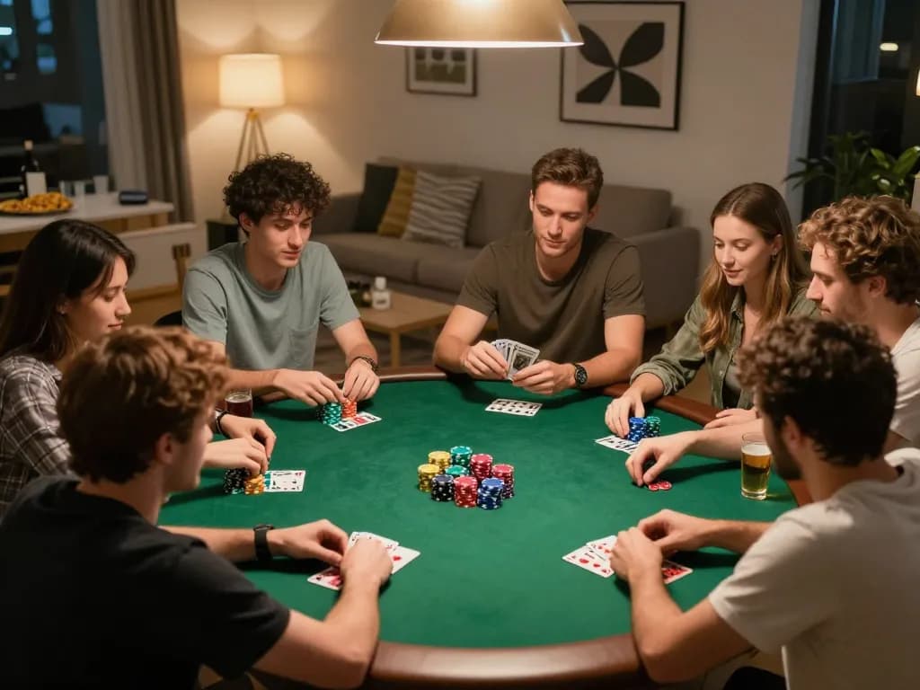 Friends engaging in an exciting poker game at home, strategizing to win at 32win.