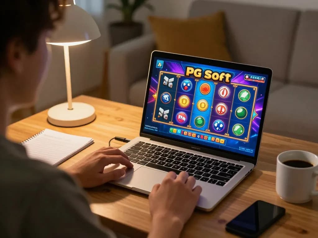 Berinteraksi dengan Demo Slot PG Soft Mahjong di laptop dalam pengaturan rumah yang nyaman dengan catatan strategis.