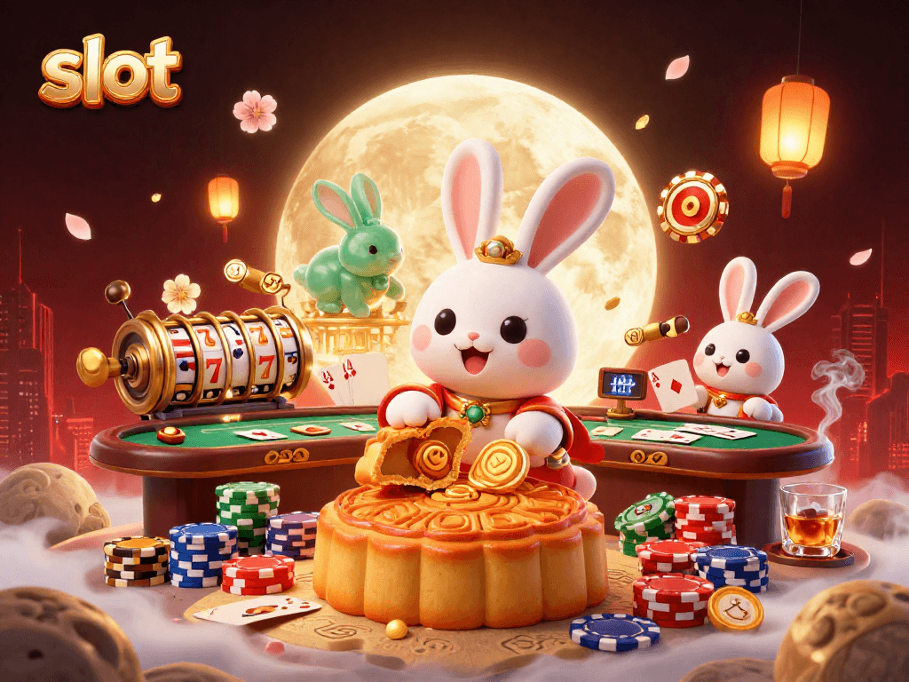 Spin slot reels with fortune as a moon rabbit pounds mooncakes revealing poker chips.