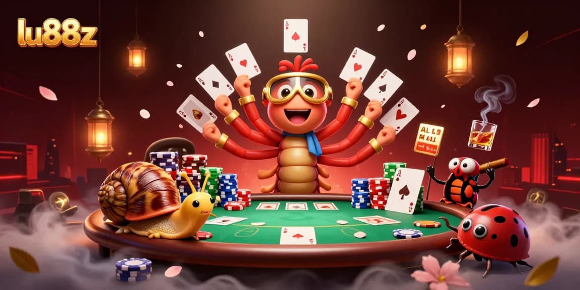 Join the excitement at lu88z with lively cards, colorful chips, and vibrant casino characters!