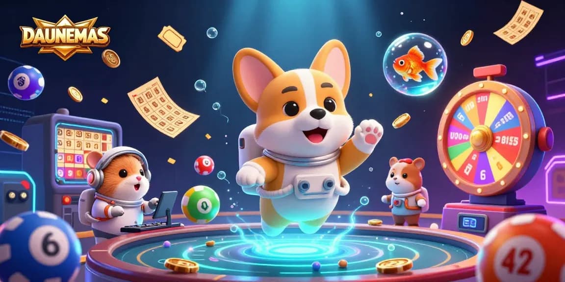 Engage in the DAUNEMAS online casino adventure with vibrant characters and floating lottery elements.