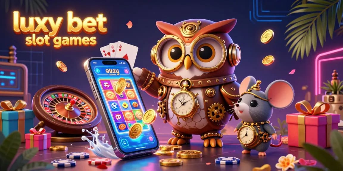 Experience thrilling luxy bet slot games with a steampunk time-traveler owl and vibrant casino elements.