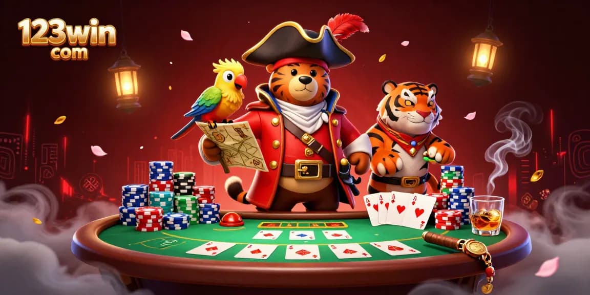 Experience thrilling poker action at 123win com with a colorful pirate-themed casino illustration.