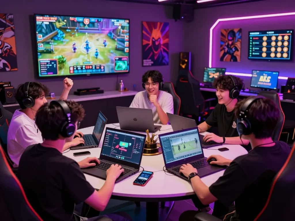 Young adults enjoying online gaming together with nk88 com app interfaces displayed in a vibrant gaming room.