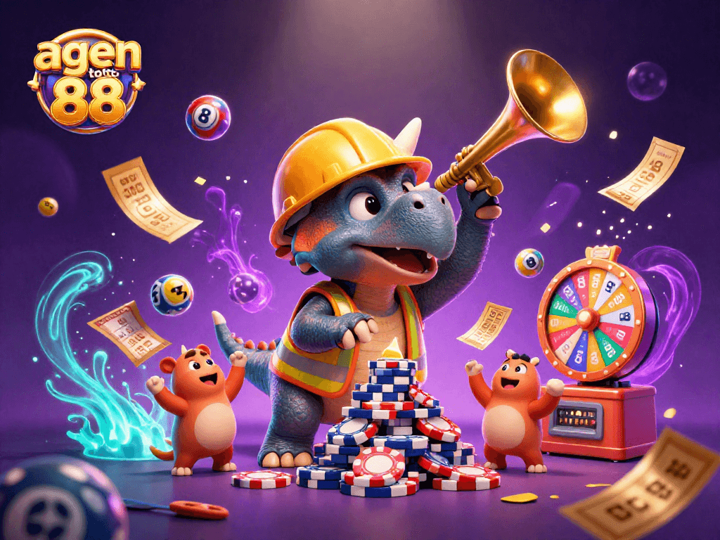 Join the excitement of agen toto 88 with colorful lottery balls, as a triceratops builds poker chip pyramids!