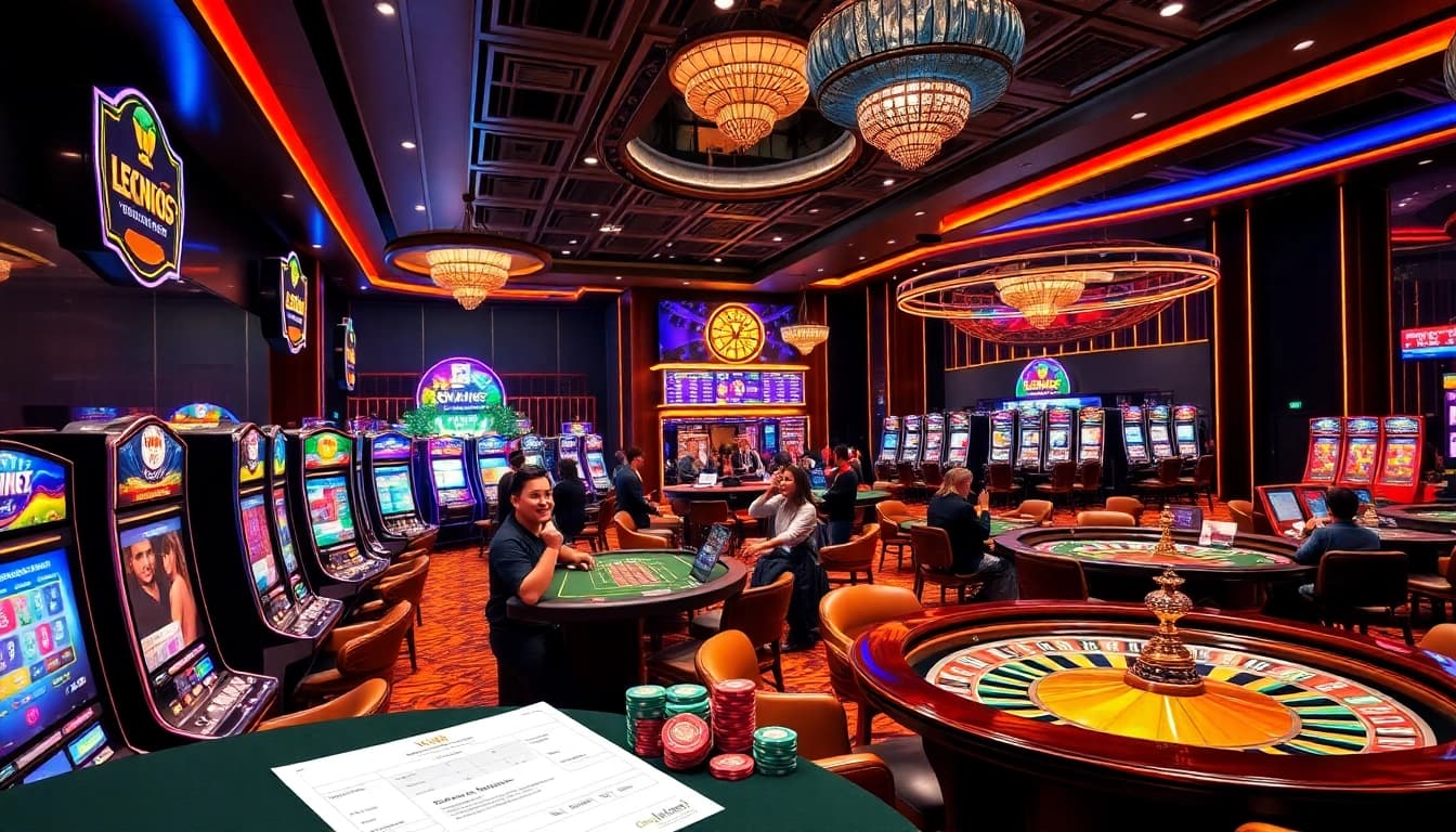 Xin88 players celebrating at a vibrant casino, showcasing thrilling slot machines and poker tables.