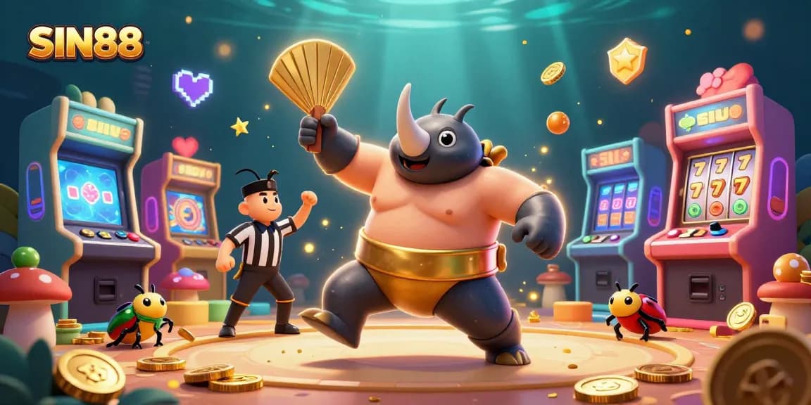 SIN88 casino illustration showing a rhinoceros beetle stomping, surrounded by coins and colorful gaming elements.