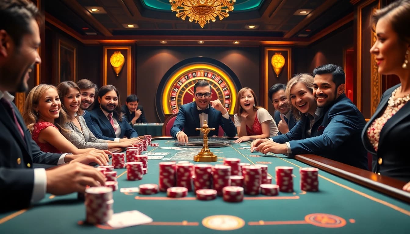 Gamblers engaging at the exciting LEGO138 casino table surrounded by vibrant poker chips and cards.
