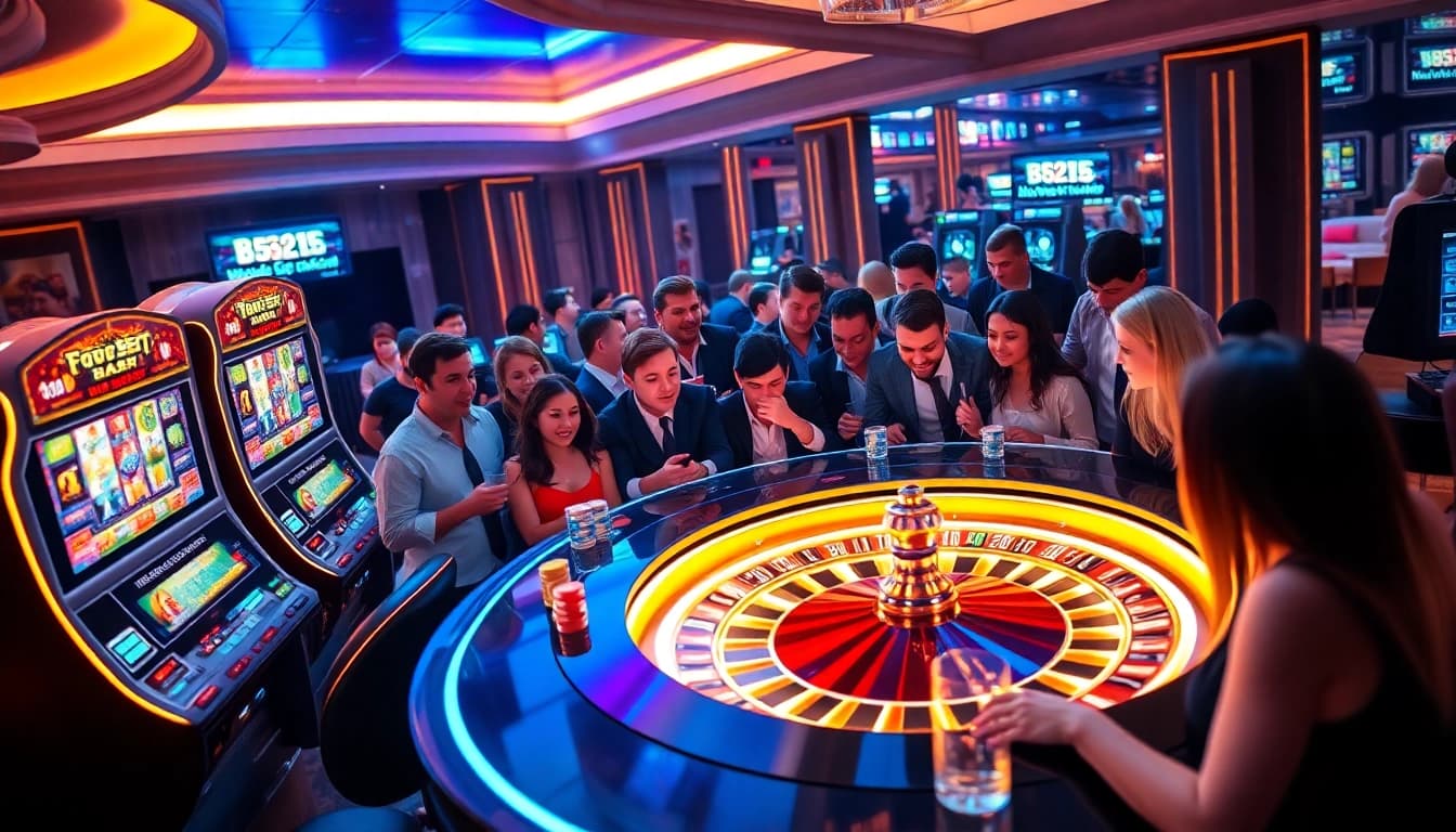 B52CLUB players engaging in an exciting online casino experience with slots and poker chips.