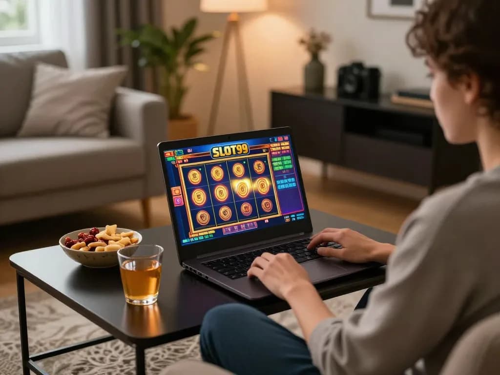 SLOT99 player enjoying online slots from home with colorful game interface and cozy atmosphere.