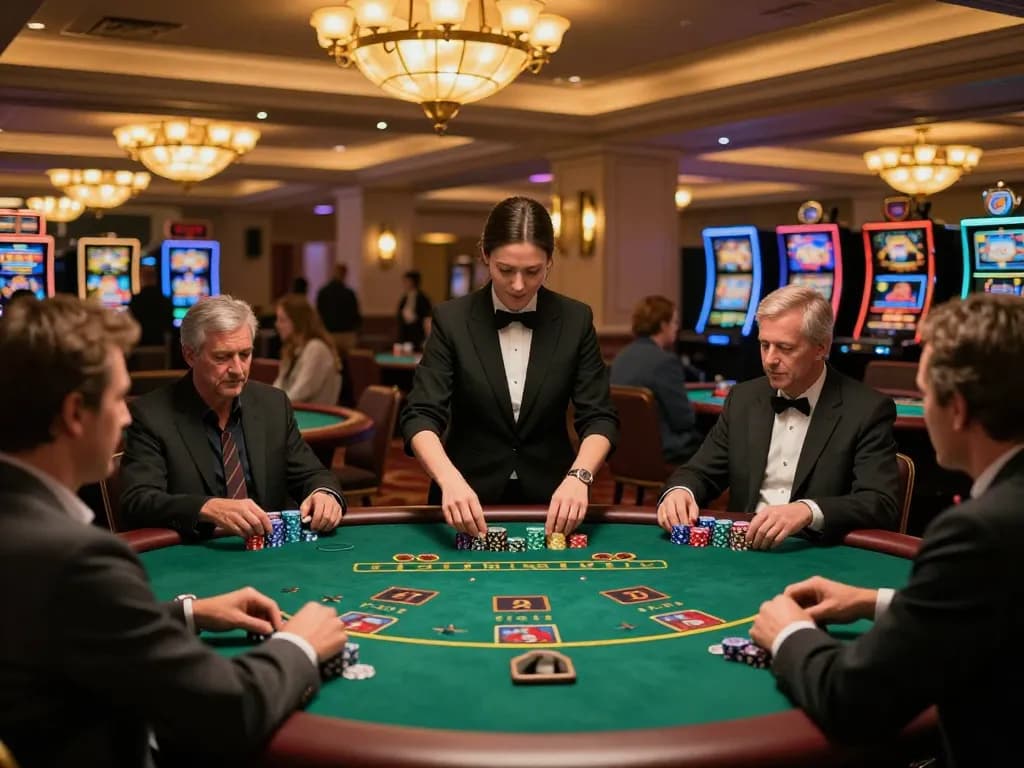 N188 players strategizing at blackjack tables under warm casino lighting.