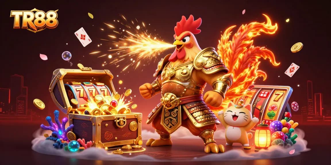 Experience the thrilling TR88 gaming world with dynamic scenes filled with golden sparks, treasures, and excitement.