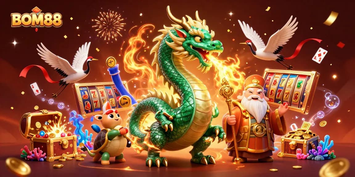 BOM88 showcases vibrant 3D casino-themed illustration featuring a jade dragon amidst lucky symbols and treasures.