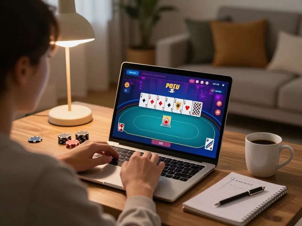 Enhancing skills in online poker at home with Pokerseri, using strategy notes and a laptop.