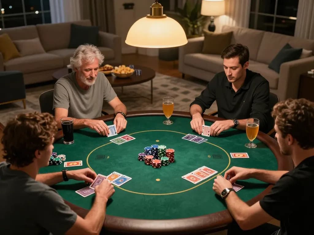 cloud-africa home poker night scene with friends playing Texas Hold'em, chips and cards visible.